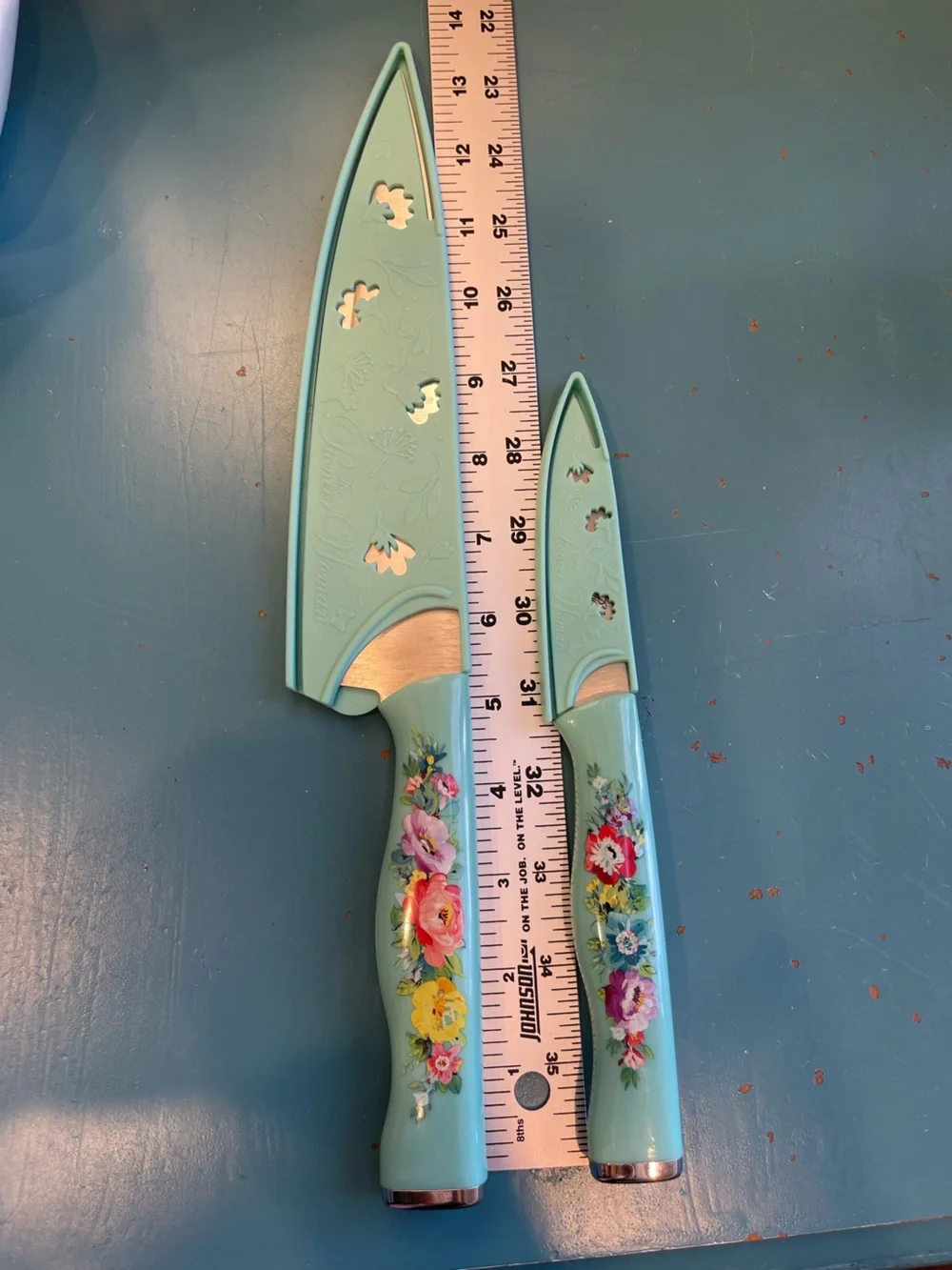 Pioneer Woman Floral Knife Set – 2 Piece, Teal Handles with Plastic Sheaths